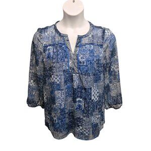 Tanzara Womens Large Blue Metallic Floral Print Popover Top V Neck Boho Casual